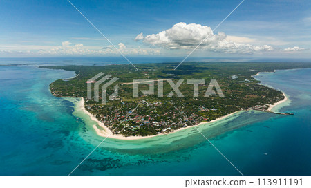Aerial drone of tropical island with a beautiful beach. Kota Beach. Bantayan island, Philippines. Aerial drone of tropical island with a beautiful beach. Kota Beach. Bantayan island, Philippines. 113911191