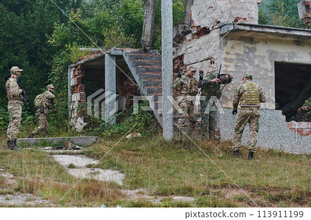 In a high stakes mission, a specialized military unit executes a tactical operation to secure a dangerous house where terrorists are believed to be hiding, showcasing precision and coordinated 113911199