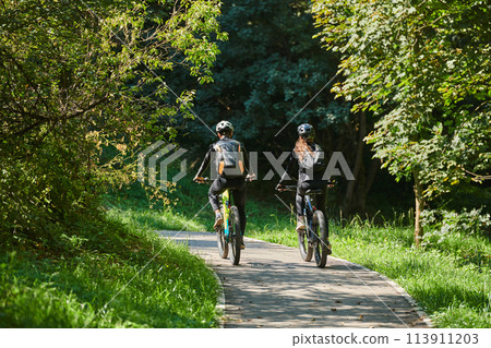 A blissful couple, adorned in professional cycling gear, enjoys a romantic bicycle ride through a park, surrounded by modern natural attractions, radiating love and happiness A blissful couple, adorned in professional cycling gear, enjoys a romantic bicycle ride through a park, surrounded by modern natural attractions, radiating love and happiness 113911203