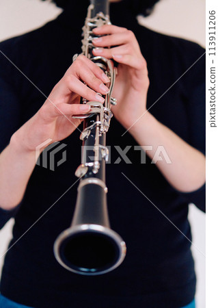 Graceful Brunette Musician Posing with Clarinet on White Background Graceful Brunette Musician Posing with Clarinet on White Background 113911206