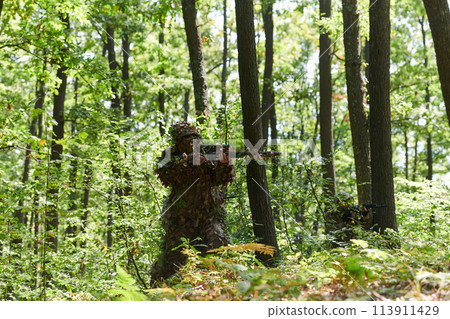 An elite soldier, camouflaged and stealthily navigating through dangerous woodland terrain, executes a covert mission in a secluded forest area 113911429
