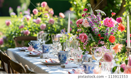 Table setting with rose flowers and candles for... - Stock Illustration ...