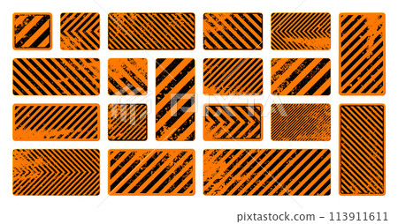 Orange grunge warning signs with diagonal lines. Old attention, danger or caution sign, construction site signage. Realistic notice signboard, warning banner, road shield. Vector illustration 113911611