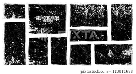 Grunge square frames, banners with stains and scratches. Brush stroke, rectangular shape design element. Distressed dirty text frame, border. Paintbrush, ink stains. Vector illustration Grunge square frames, banners with stains and scratches. Brush stroke, rectangular shape design element. Distressed dirty text frame, border. Paintbrush, ink stains. Vector illustration 113911658