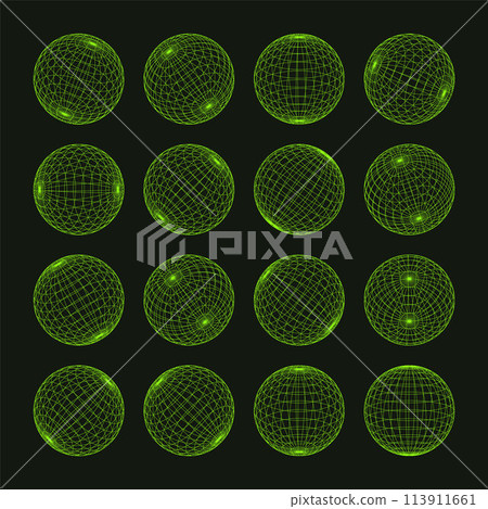 Wireframe shapes, lined sphere. Perspective mesh, 3d grid. Low poly geometric elements. Retro futuristic design elements, y2k, vaporwave and synthwave style. Vector illustration 113911661