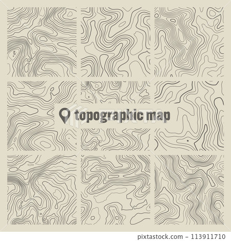 Topographic map with contour lines. Geographic terrain grid, relief height elevation. Ground path pattern. Travel and navigation, cartography design element. Vector illustration 113911710