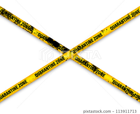 Old grunge quarantine zone warning tape. Novel coronavirus outbreak. Global lockdown. Yellow coronavirus danger stripe. Police caution line, restricted area. Construction tape. Vector illustration Old grunge quarantine zone warning tape. Novel coronavirus outbreak. Global lockdown. Yellow coronavirus danger stripe. Police caution line, restricted area. Construction tape. Vector illustration 113911713