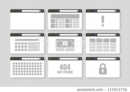Web browser window, pages layout with toolbar and search field. Modern website, internet page in flat style. Browser mockup for computer, tablet and smartphone. Adaptive UI. Vector illustration Web browser window, pages layout with toolbar and search field. Modern website, internet page in flat style. Browser mockup for computer, tablet and smartphone. Adaptive UI. Vector illustration 113911738