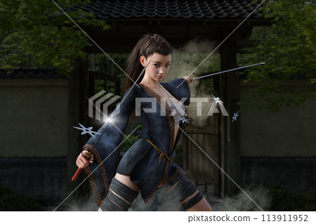 A female ninja dodging shuriken in front of the gate of a samurai house 113911952