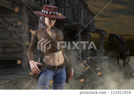 A female gunfighter prepares to attack an enemy in a western town covered in falling leaves. 113911959