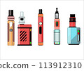 Electronic Cigarettes and accessories icons set. Vaping device and bottles with vape liquid. Liquid cotton,Pincers vape,Vape Pen,Vector E-cigarette and Flat vector. 113912310
