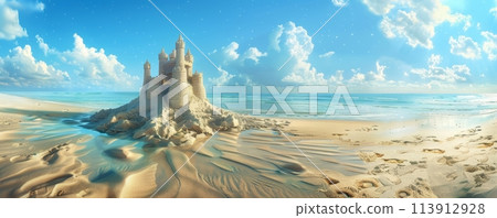 Elaborate sandcastle on a serene beach with footprints and cloudy blue sky 113912928