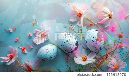 Group of Eggs with Flowers on Blue Surface Group of Eggs with Flowers on Blue Surface 113912978
