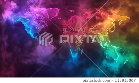 Rainbow Colored World Map With Clouds of Smoke 113913007