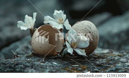 Two Eggs With White Flowers on a Rock Two Eggs With White Flowers on a Rock 113913009