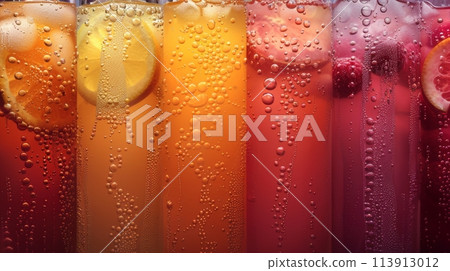 Colorful cold drinks in glasses with fresh citrus slices 113913012