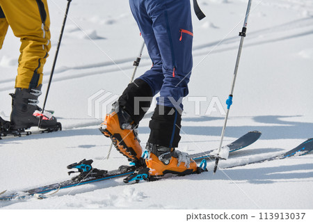 Close-Up of Ski Gear Ready for a Challenging Ascent 113913037