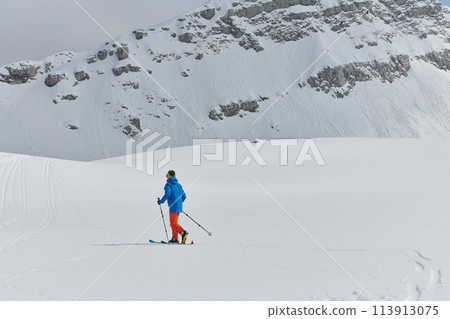 A Skier Scales a Treacherous Alpine Peak 113913075
