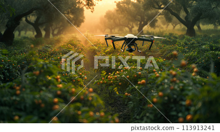 Orchard Drone Surveillance - Agricultural Technology at Dawn 113913241