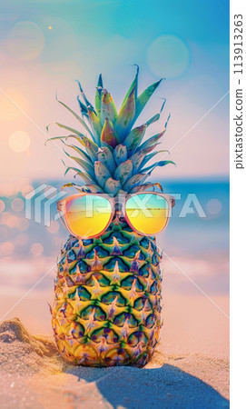 Pineapple with sunglasses on a sandy beach 113913263