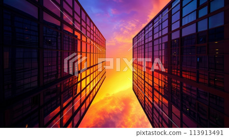 Mirror reflection of high-rise buildings at sunset-插圖素材 [113913491 ...
