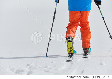 Close-Up of Ski Gear Ready for a Challenging Ascent Close-Up of Ski Gear Ready for a Challenging Ascent 113913494