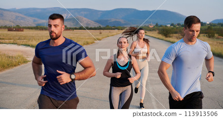 A group of friends maintains a healthy lifestyle by running outdoors on a sunny day, bonding over fitness and enjoying the energizing effects of exercise and nature A group of friends maintains a healthy lifestyle by running outdoors on a sunny day, bonding over fitness and enjoying the energizing effects of exercise and nature 113913506