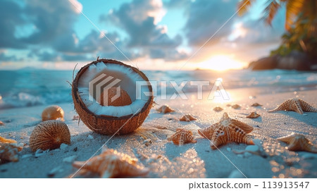 Coconut and seashells on a tropical beach at sunset 113913547