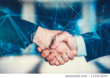 Businessmen making handshake with partner, greeting, dealing, merger and acquisition, business joint venture concept, for business, finance and investment background, teamwork and successful business 113913644