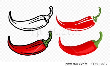 Cartoon Red Hot Chili Pepper Icon Set Closeup, Isolated. Hand Drawn Spicy Chili Pepper, Vector Illustration 113913867