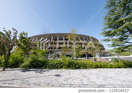 Cherry blossoms and the National Stadium 113914017
