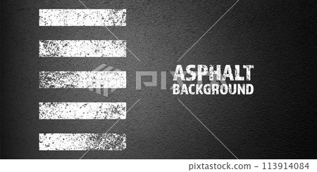 Asphalt road with white cracked lane marking, concrete highway surface, texture. Street traffic line, road dividing strip. Pattern with grainy structure, grunge stone background. Vector illustration 113914084