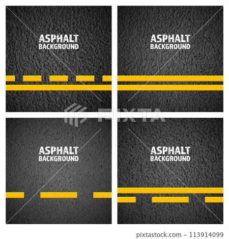 Asphalt road with yellow lane marking, concrete highway surface, texture. Street traffic line, road dividing strip. Pattern with grainy structure, grunge stone background. Vector illustration 113914099