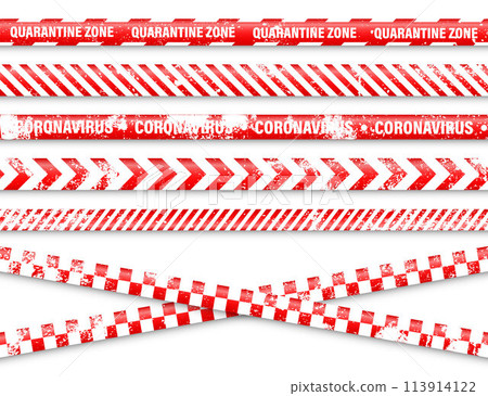 Old grunge quarantine zone warning tape. Novel coronavirus outbreak. Global lockdown. Red coronavirus danger stripe. Police caution line, restricted area. Construction tape. Vector illustration 113914122