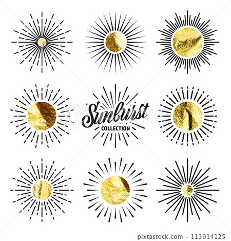Vintage sunburst, sunset beams. Gold foil, shiny handmade circles. Golden glittering texture, pattern. Hand drawn bursting sun, light rays. Logotype or lettering, retro style. Vector illustration Vintage sunburst, sunset beams. Gold foil, shiny handmade circles. Golden glittering texture, pattern. Hand drawn bursting sun, light rays. Logotype or lettering, retro style. Vector illustration 113914125