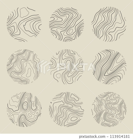 Topographic map with contour lines. Geographic terrain grid, relief height elevation. Ground path pattern. Travel and navigation, cartography design element. Vector illustration Topographic map with contour lines. Geographic terrain grid, relief height elevation. Ground path pattern. Travel and navigation, cartography design element. Vector illustration 113914181