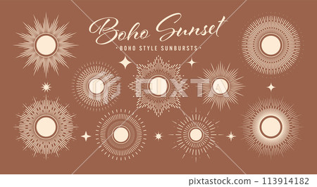 Vintage sunburst, sunset beams collection. Boho style, modern minimalist bohemian design. Hand drawn bursting sun, light rays. Logotype or lettering design element in retro style. Vector illustration Vintage sunburst, sunset beams collection. Boho style, modern minimalist bohemian design. Hand drawn bursting sun, light rays. Logotype or lettering design element in retro style. Vector illustration 113914182