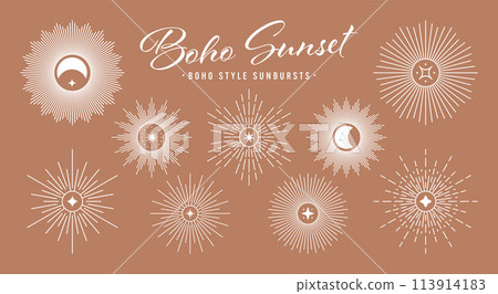 Vintage sunburst, sunset beams collection. Boho style, modern minimalist bohemian design. Hand drawn bursting sun, light rays. Logotype or lettering design element in retro style. Vector illustration Vintage sunburst, sunset beams collection. Boho style, modern minimalist bohemian design. Hand drawn bursting sun, light rays. Logotype or lettering design element in retro style. Vector illustration 113914183
