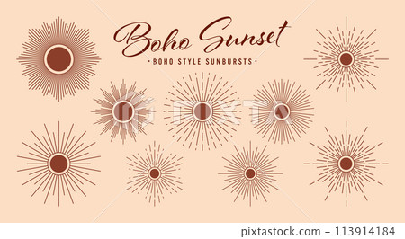 Vintage sunburst, sunset beams collection. Boho style, modern minimalist bohemian design. Hand drawn bursting sun, light rays. Logotype or lettering design element in retro style. Vector illustration Vintage sunburst, sunset beams collection. Boho style, modern minimalist bohemian design. Hand drawn bursting sun, light rays. Logotype or lettering design element in retro style. Vector illustration 113914184