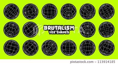 Wireframe shapes, lined sphere. Perspective mesh, 3d grid. Modern trendy low poly geometric elements. Retro futuristic design elements, y2k, vaporwave and synthwave style. Vector illustration Wireframe shapes, lined sphere. Perspective mesh, 3d grid. Modern trendy low poly geometric elements. Retro futuristic design elements, y2k, vaporwave and synthwave style. Vector illustration 113914185