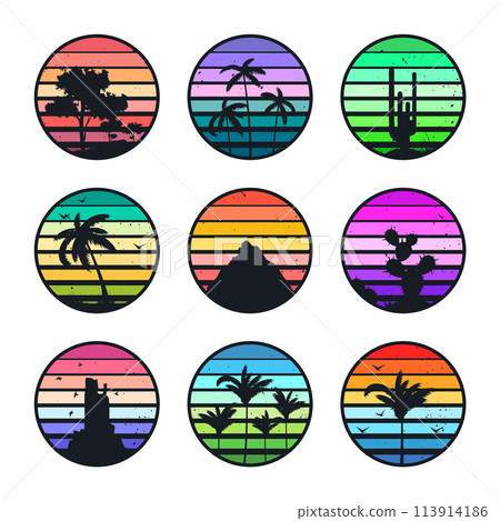 Grunge vintage sunset collection. Colorful striped sunrise badges in 80s and 90s style. Sun and ocean view, summer vibes, surfing. Design element for print, logo or t-shirt. Vector illustration Grunge vintage sunset collection. Colorful striped sunrise badges in 80s and 90s style. Sun and ocean view, summer vibes, surfing. Design element for print, logo or t-shirt. Vector illustration 113914186