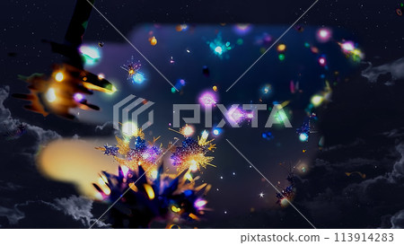 Colorful fireworks in the light shining in the blue night sky 113914283