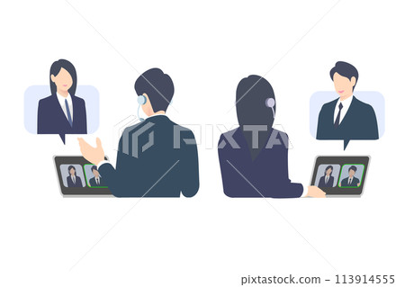 兩位上半身商人/經理的後視圖，在電腦上線上提供解釋、指導和網路會議 113914555