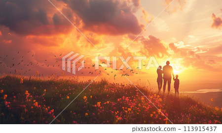 A family of three is standing in a field of flowers A family of three is standing in a field of flowers 113915437