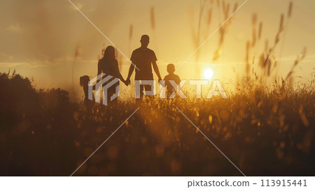 A family of four is walking through a field of tall grass 113915441