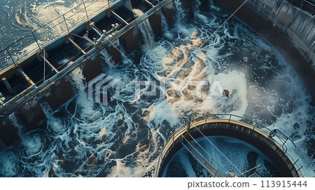 A large body of water with a lot of white foam and a few small bubbles 113915444