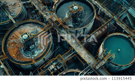 A view of a large industrial plant with a lot of tanks and pipes 113915445