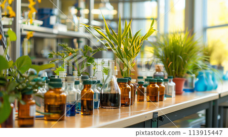A table with many vials and plants on it 113915447