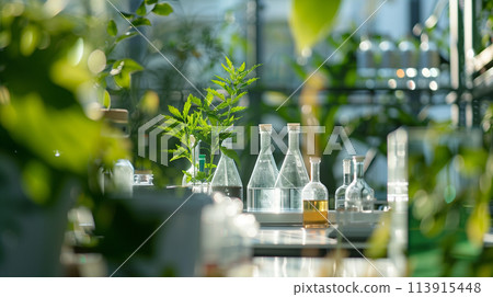 A table with several vials and bottles of different sizes and shapes 113915448