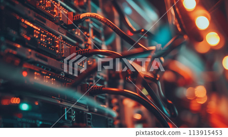A computer server room with many cables and lights. The lights are red and orange, giving the room a warm and inviting atmosphere. The cables are connected to the servers 113915453